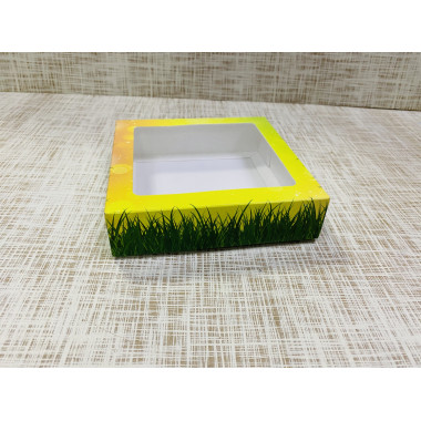 Коробка 14х14х3.5 см, картон, с окошком, "Травка" - 25 шт(упак)