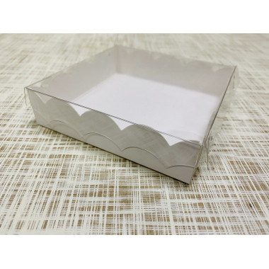 Коробка 10х10х2.5 см, картон, с прозрачной крышкой и ажурным краем, "Белая" - 25 шт(упак)